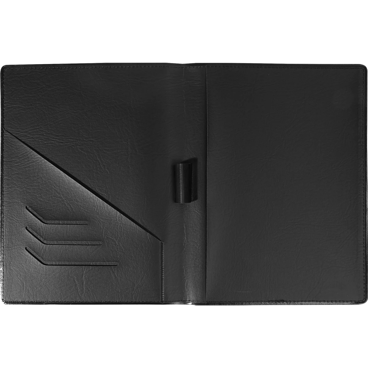 Porte-documents noir, imitation cuir, ouvert. Intérieur gauche plusieurs fentes, droite vide. Une boucle entre les pages.