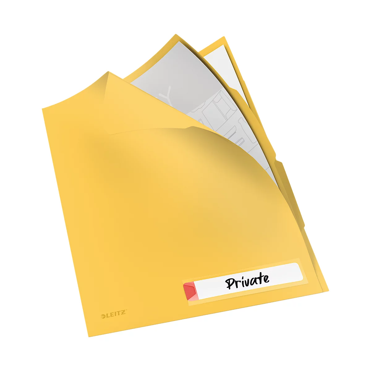 Classeur jaune avec l'étiquette Privé. Plusieurs feuilles blanches se trouvent à l'intérieur du classeur. Le classeur est légèrement ouvert.