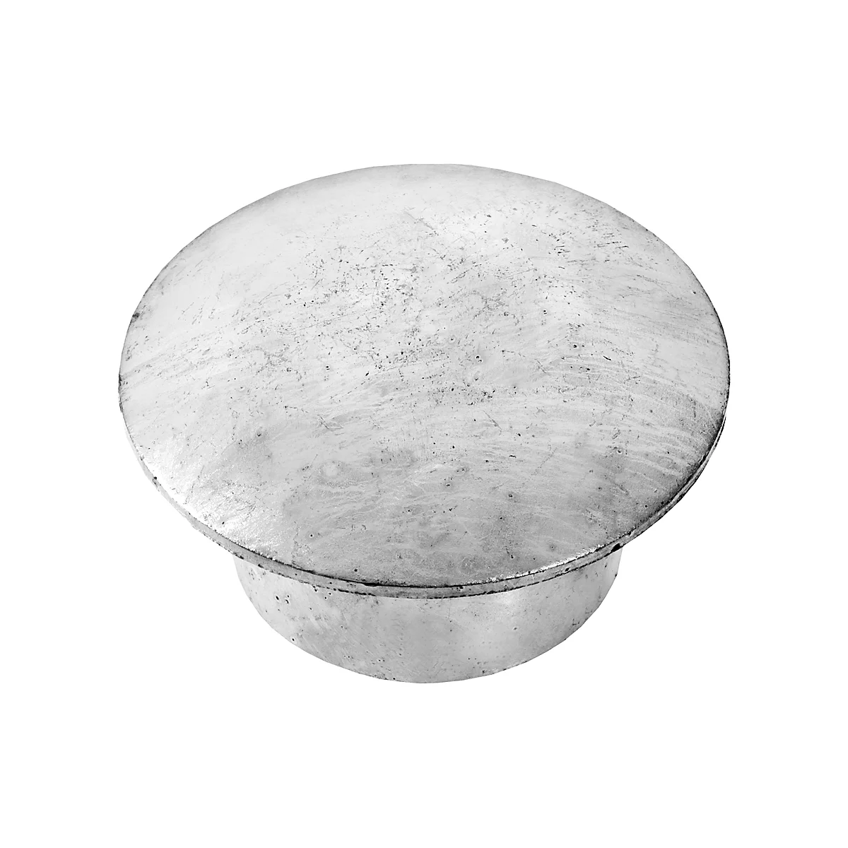 A metallic round knob with a slightly domed lid and a cylindrical base, likely made of aluminum.