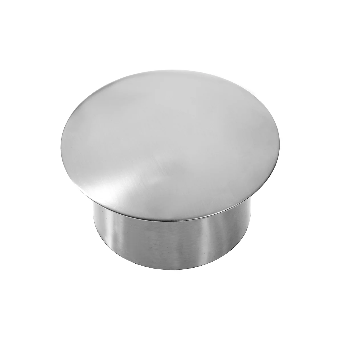 Round, metallic-looking lid with a cylindrical base, against a neutral background.
