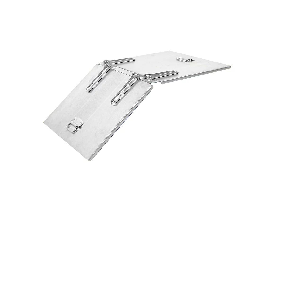 Opened silver flap with hinges and handle.