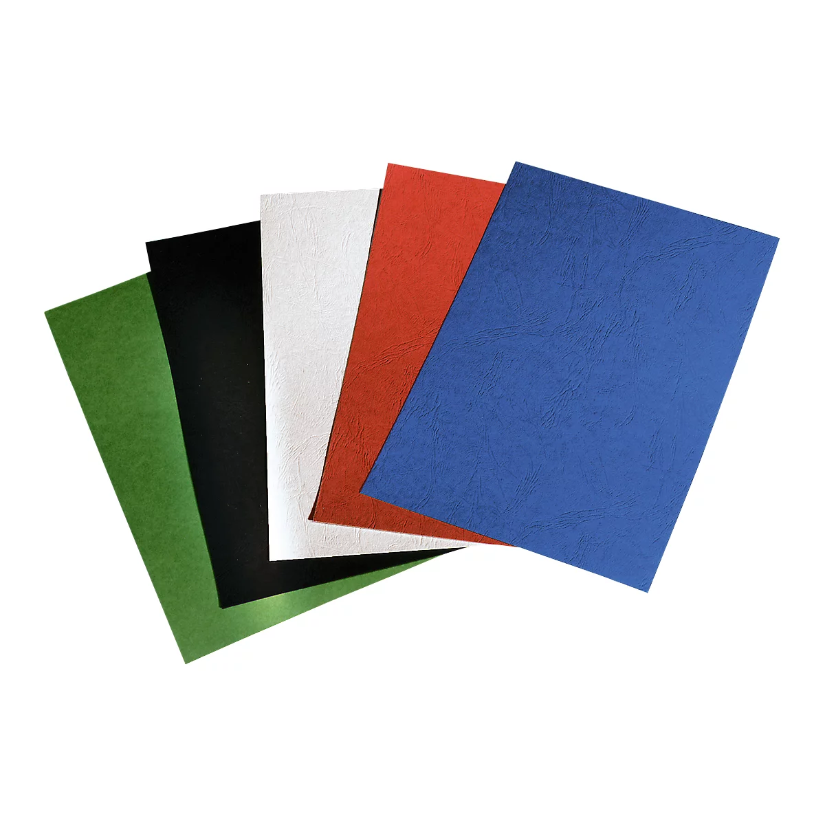 Five coloured sheets of paper: green, black, white, red and blue, arranged overlapping.