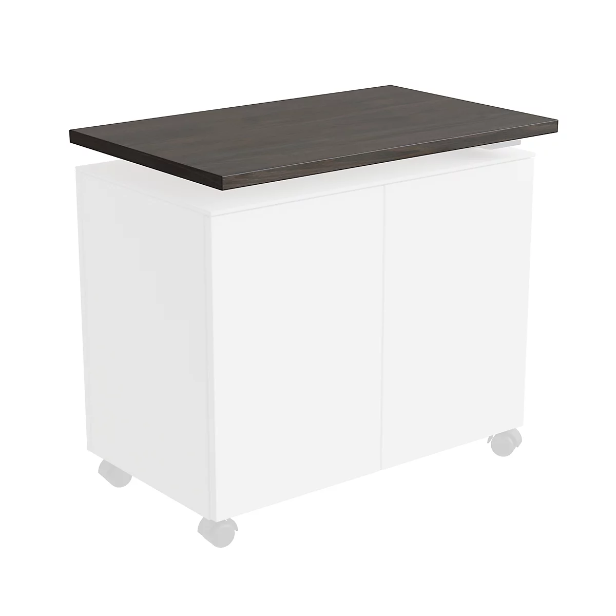 Dark brown table top on white cabinet. The cabinet has wheels.