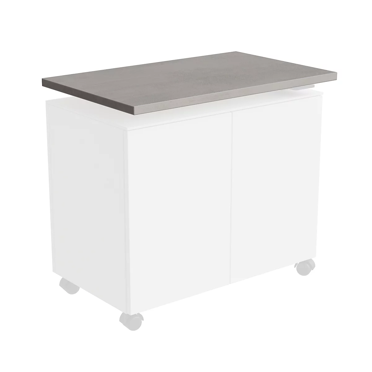 A gray tabletop rests on a white base cabinet with wheels.