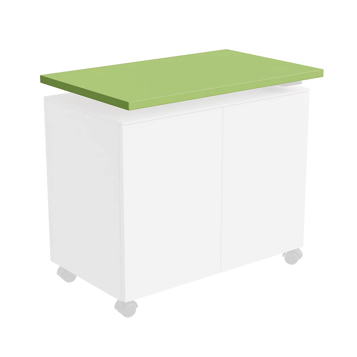 A white cabinet with wheels, on which a green tabletop rests.