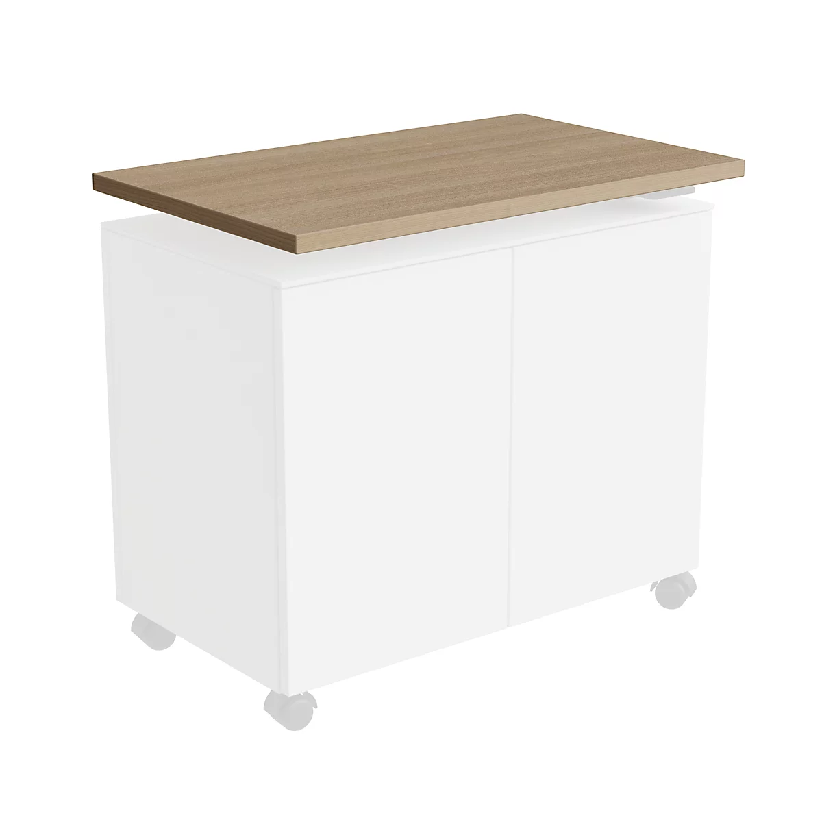 A white piece of furniture with castors, topped with a light brown wooden panel.
