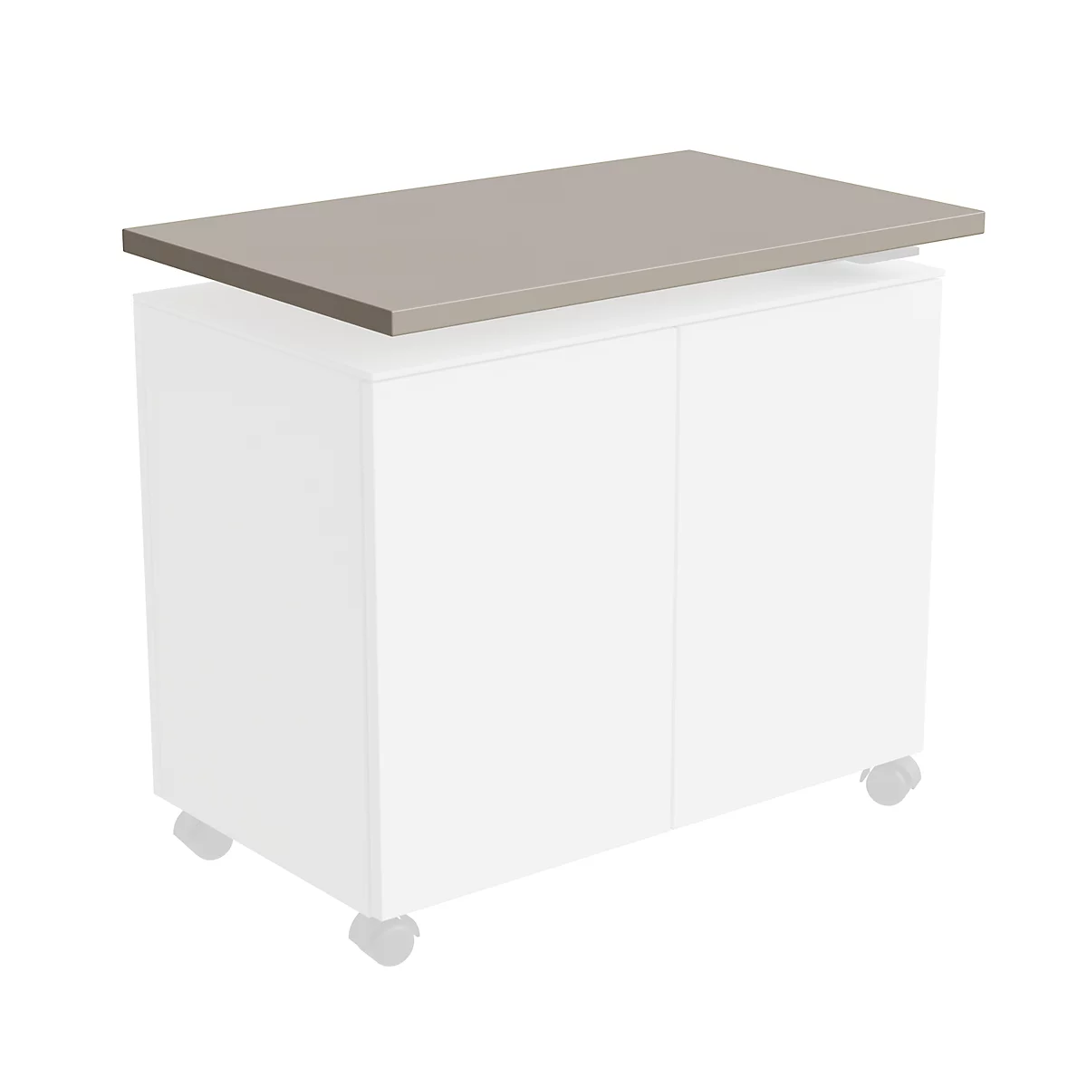Gray table top on white cabinet with wheels. The cabinet has two doors.