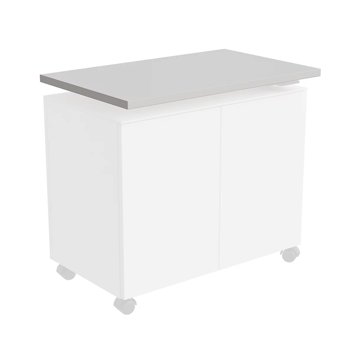 A white cabinet with two doors, a gray lid, and rollers.
