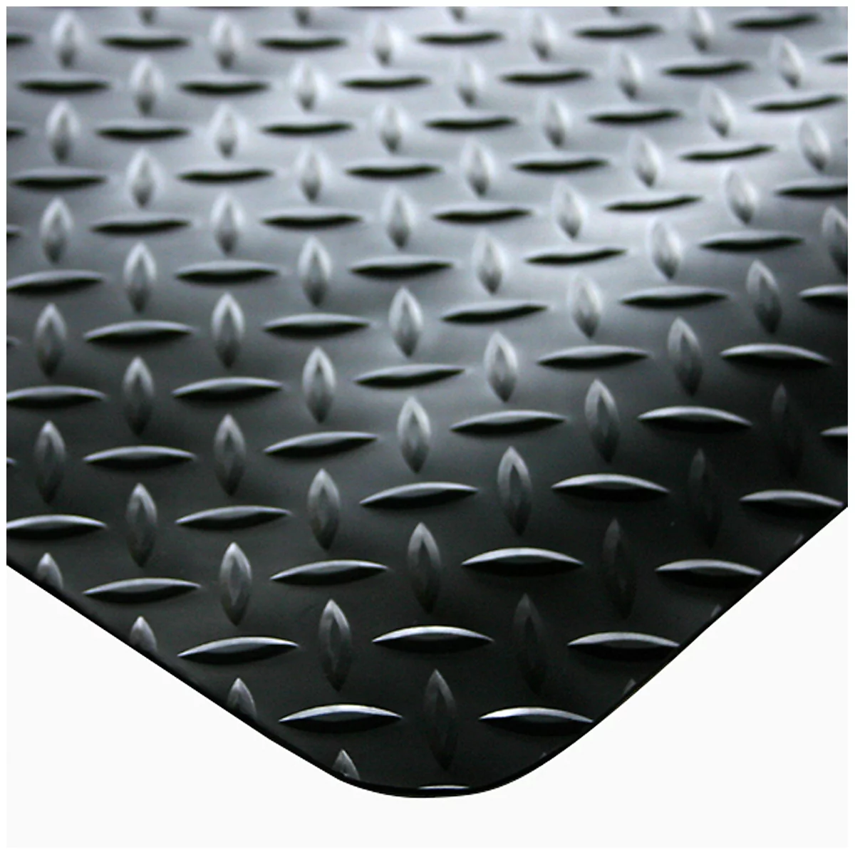 Black anti-slip mat with diamond plate pattern. Rounded corner, white background.