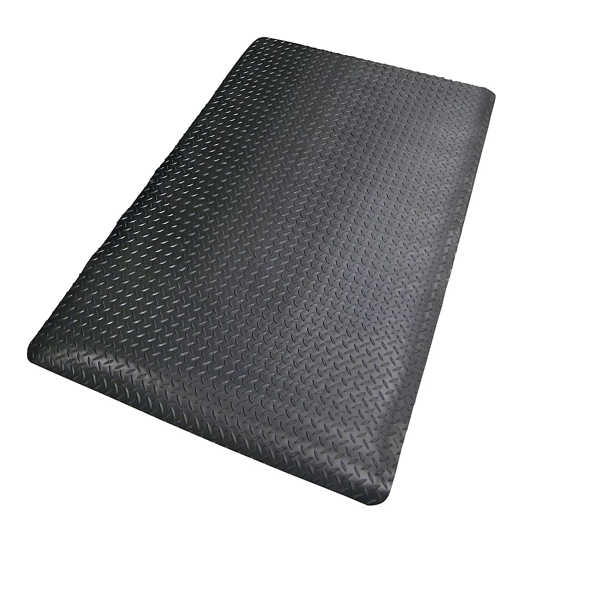 Black, rectangular anti-fatigue mat with diamond pattern against a white background.