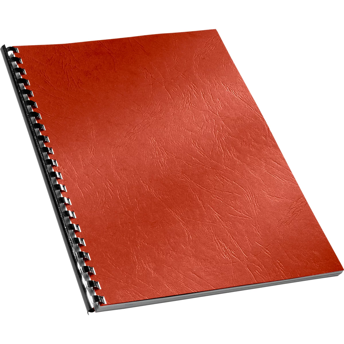 Red notebook with spiral binding. Pages closed, slight texture.