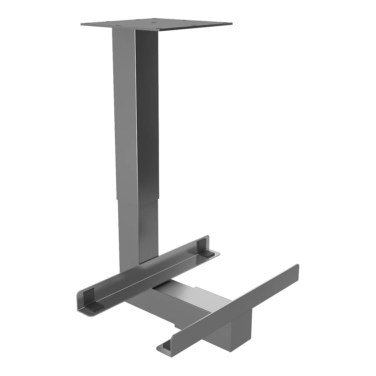 A gray, metallic desk base, consisting of an upper rectangular part, a vertical column, and a lower base.