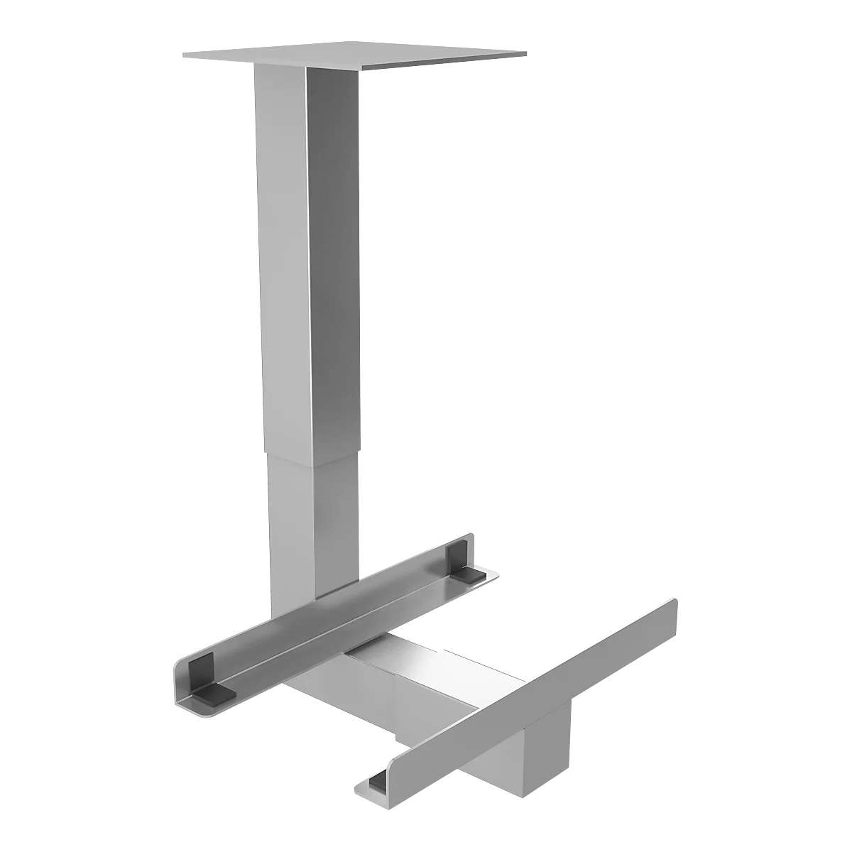 Grey, height-adjustable desk frame without a tabletop.