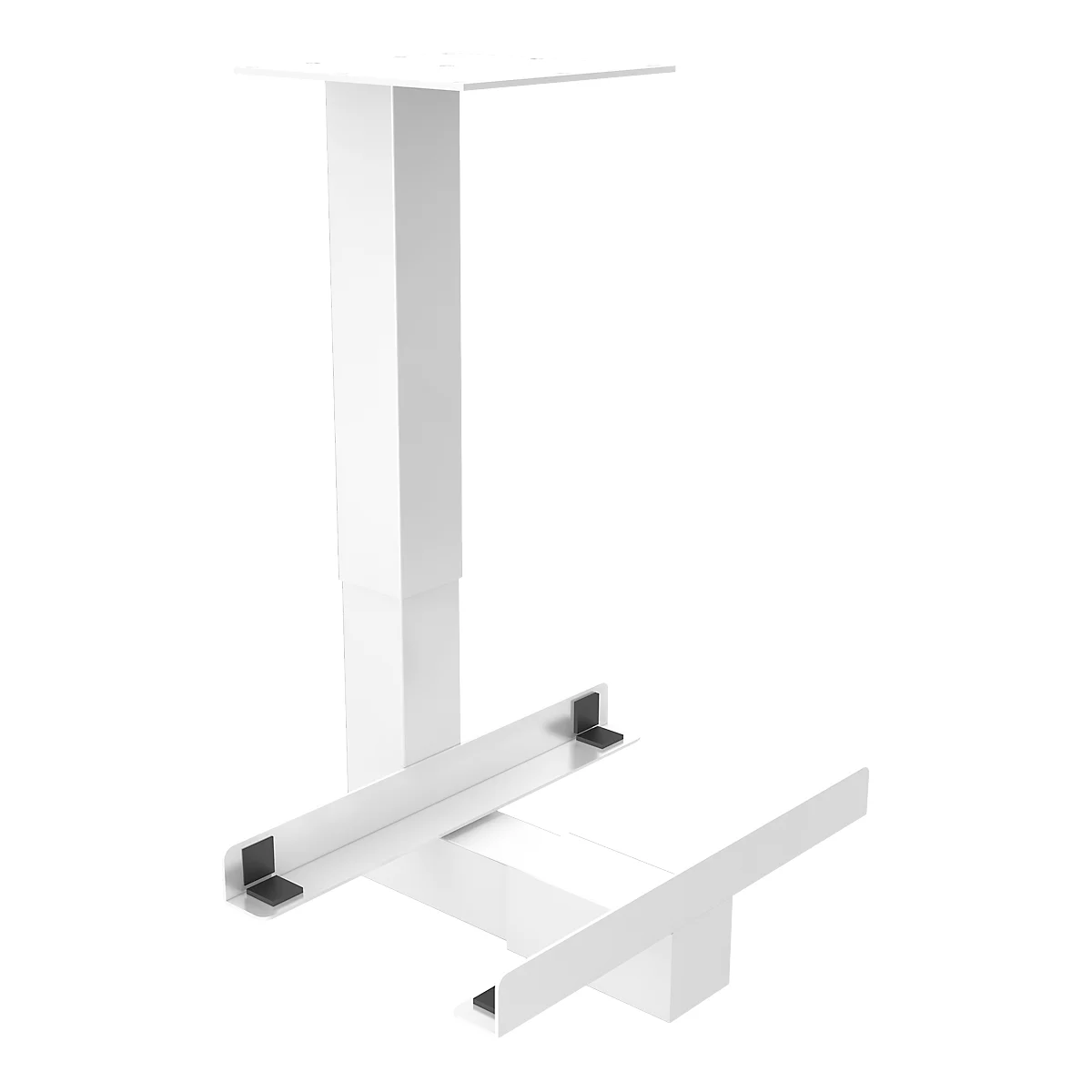 White height-adjustable desk frame, consisting of a tabletop, a column and a base frame.