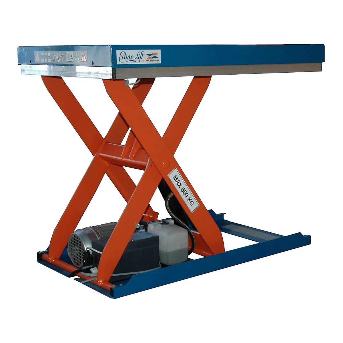 Orange scissor lift with blue borders. It says "Elma-Lift" and "MAX 500 KG".