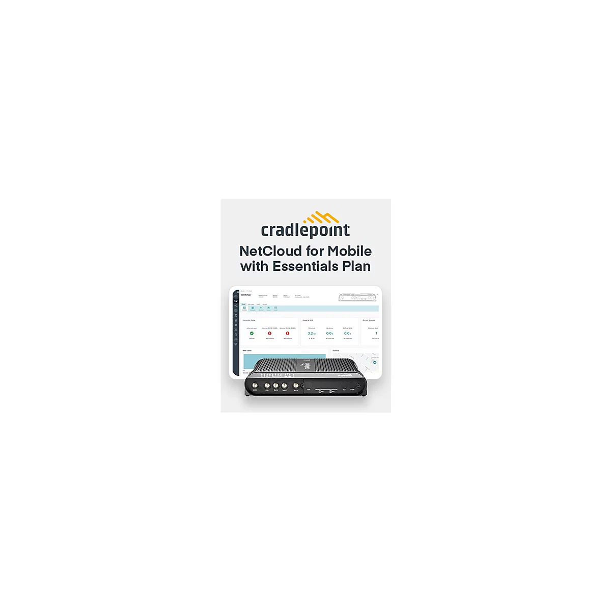 Cradlepoint IBR1700 Router und NetCloud-Dashboard-Software auf hellem Hintergrund.