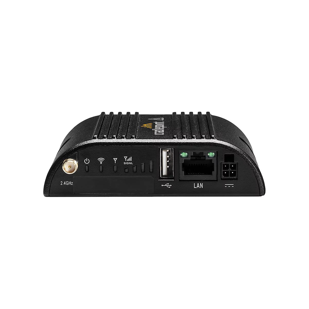 Schwarzer Router mit zahlreichen Anschlüssen und Anzeigen. Aufschrift: 2.4GHz, LAN, Cradlepoint. Mehrere Leuchten.