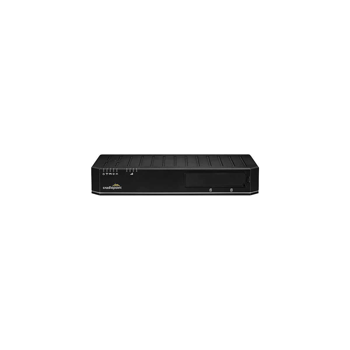 Schwarzer Cradlepoint Router mit Status-LEDs und Logo auf der Vorderseite vor neutralem Hintergrund.