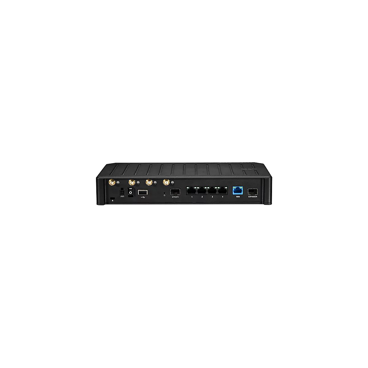 Schwarzer Netzwerkrouter mit Anschlüssen, Antennen und Beschriftung.