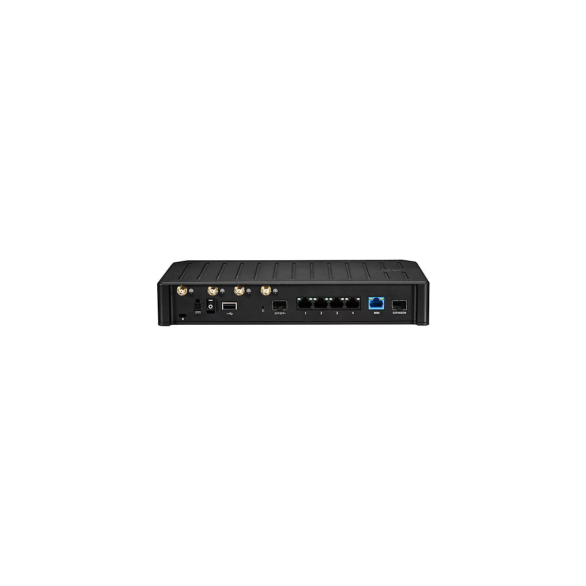 Schwarzer Netzwerk-Router von hinten mit diversen Anschlüssen, Antennenbuchsen und LAN-Ports.