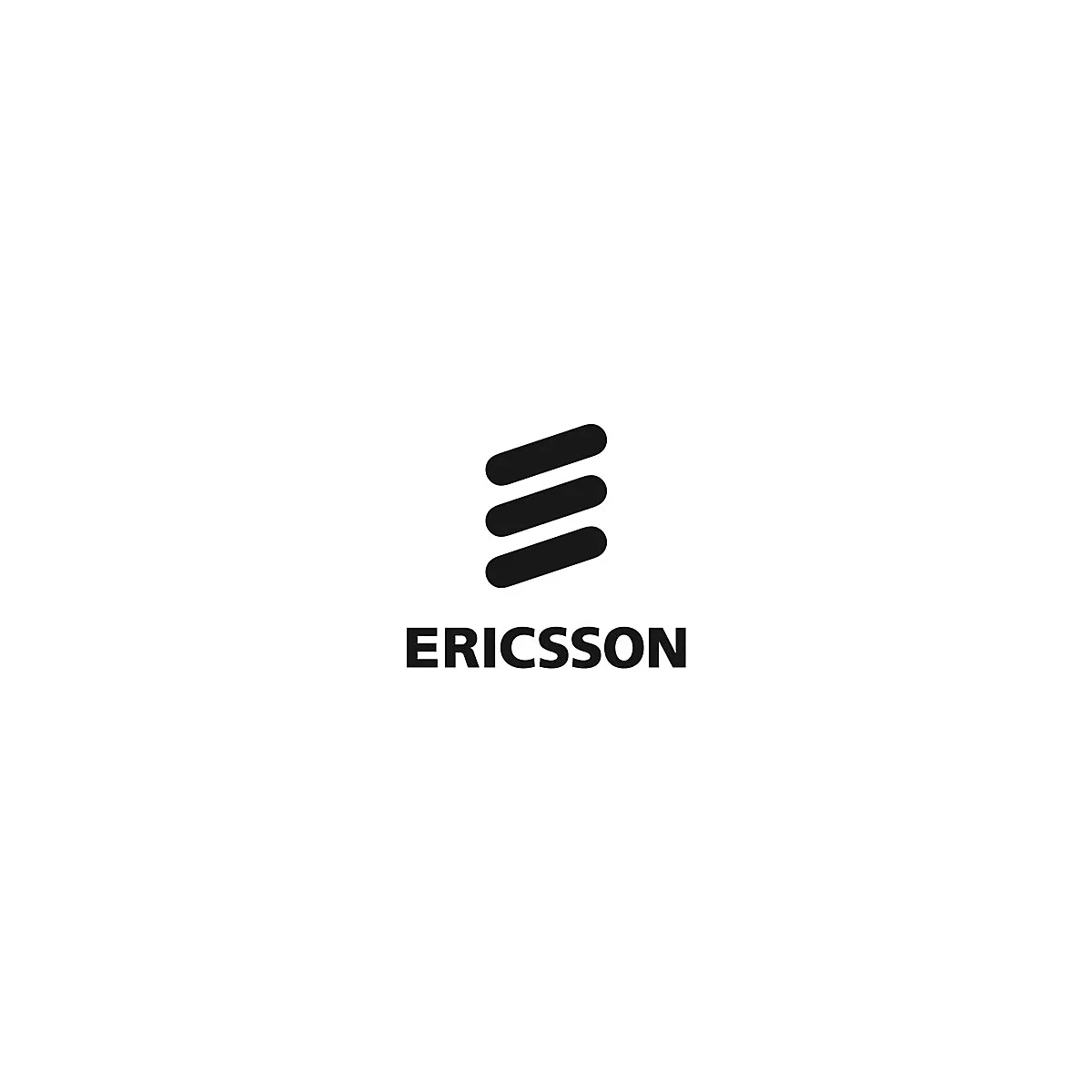 Schwarzes Logo der Firma Ericsson auf weißem Hintergrund bestehend aus drei schrägen Balken und dem Schriftzug.