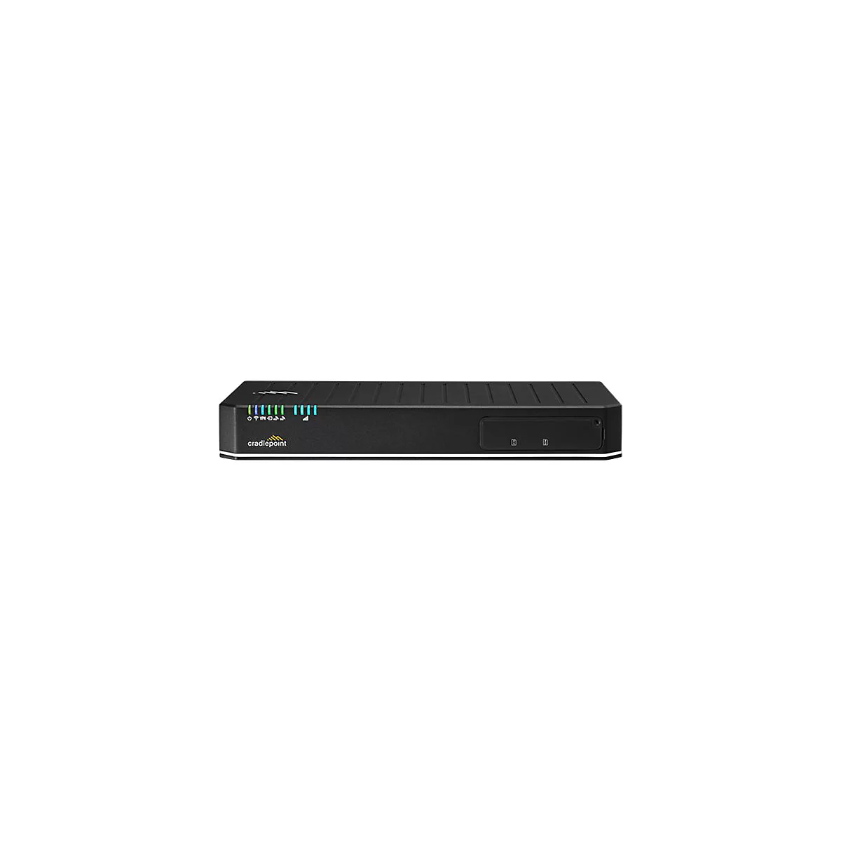 Schwarzer Cradlepoint-Netzwerkrouter mit leuchtenden Status-LEDs auf der Vorderseite.