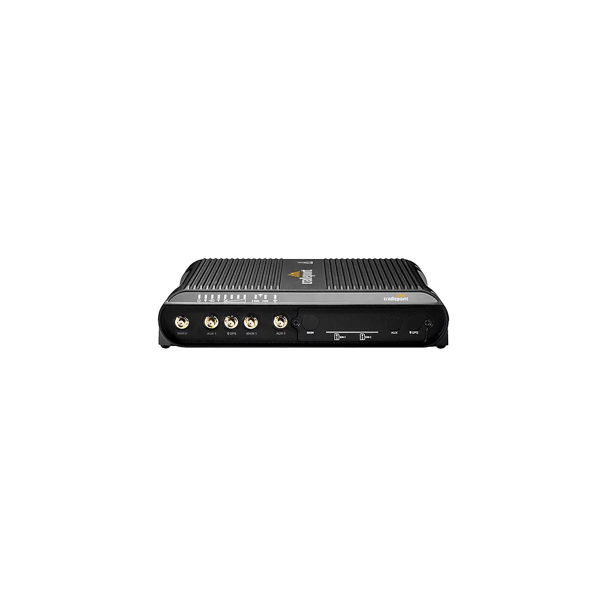 Schwarzer Cradlepoint Router mit Antennenanschlüssen und Funktionsbeschriftung.
