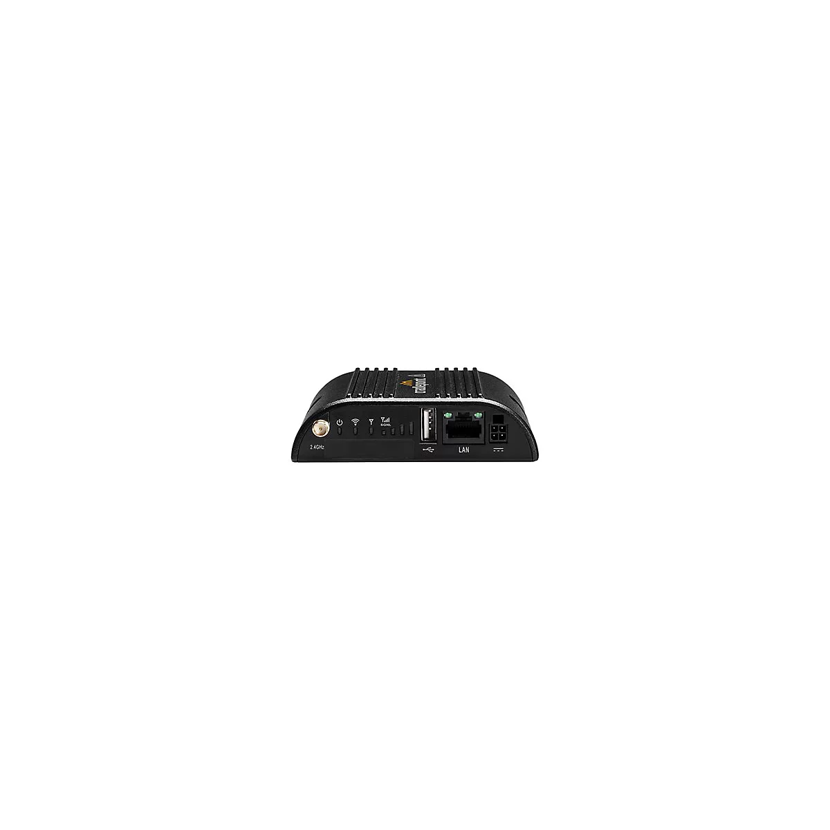 Schwarzer Cradlepoint-Router von vorne mit Anschlüssen, LED-Anzeigen und LAN-Port auf weißem Hintergrund.