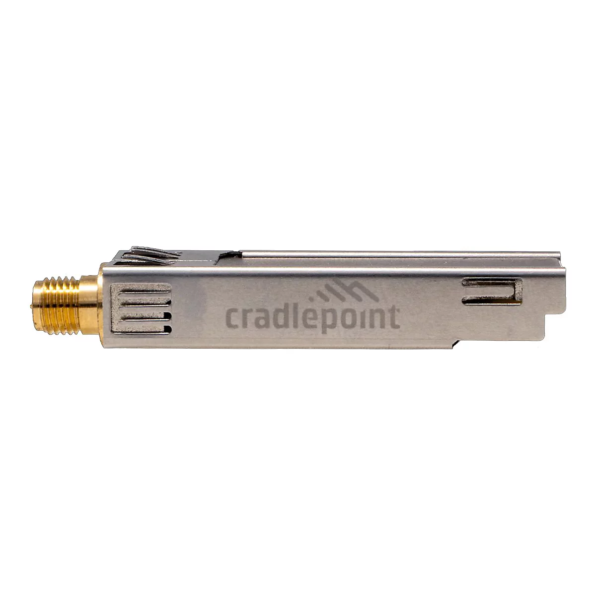 Länglicher, silberner Cradlepoint-Antennenadapter mit goldenem Gewindeanschluss vor weißem Hintergrund.