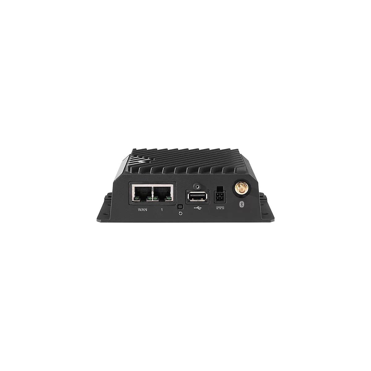 Schwarzes Netzwerkgerät mit Anschlüssen für LAN, USB und Antenne. Das Gerät hat Kühlrippen auf der Oberseite.