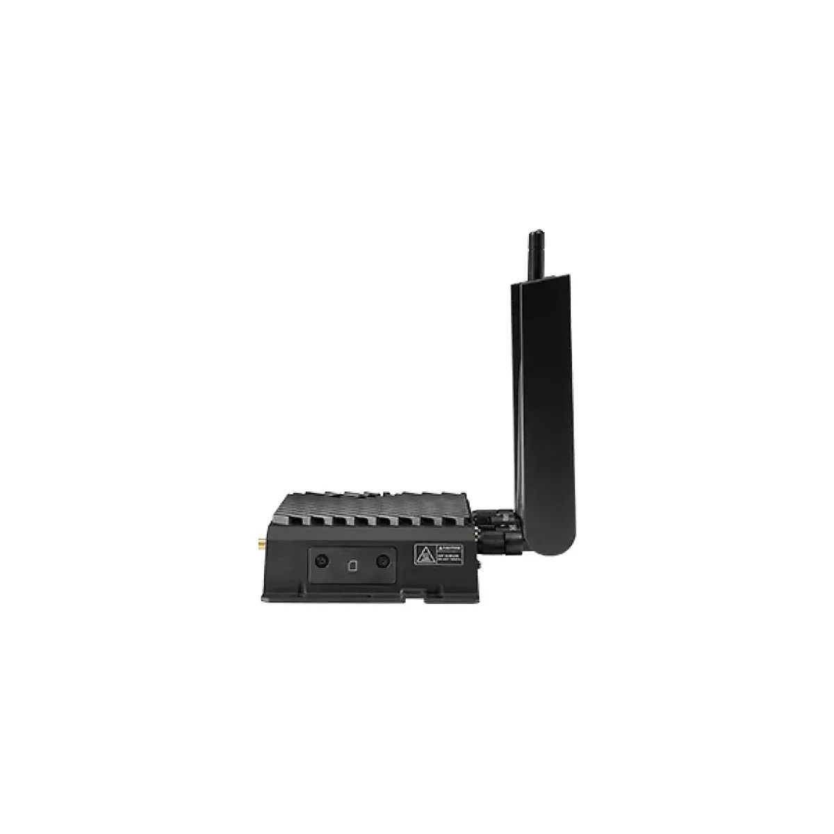Schwarzes elektronisches Gerät mit Antenne, Detailansicht vor weißem Hintergrund.