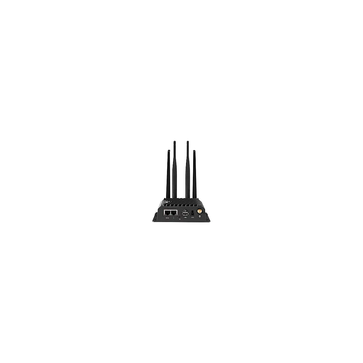 Schwarzer Router mit vier Antennen, auf weißem Hintergrund.