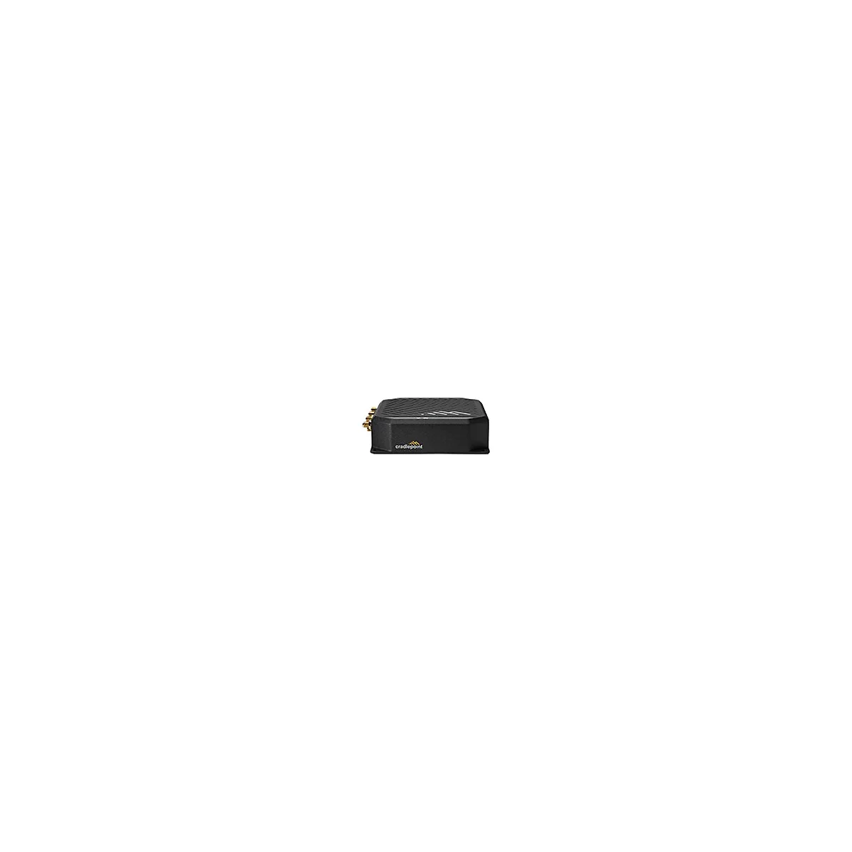 Schwarzer Cradlepoint-Router mit goldfarbenen Antennenanschlüssen vor weißem Hintergrund.