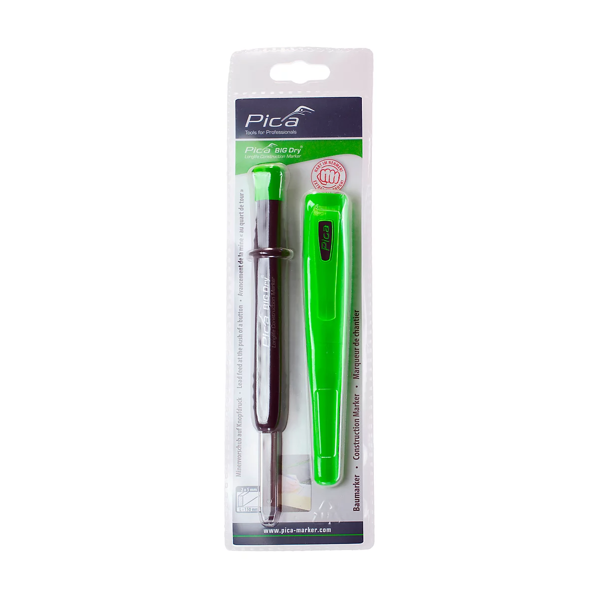 Crayon charpentier Pica BIG Dry Longlife Construction, graphite, 5 mm, mécanisme à pression, rechargeable, avec fourreau