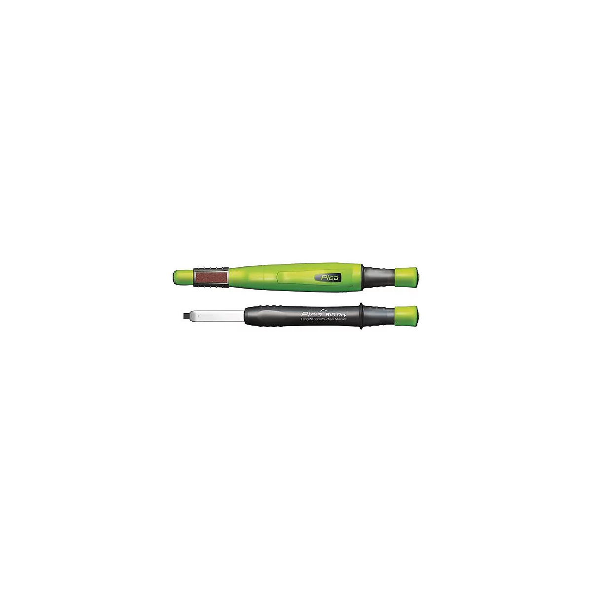 Deux crayons avec des boîtiers verts et noirs. Le crayon vert porte l'inscription Pica. Le crayon noir porte l'inscription Pica BIG DRY.