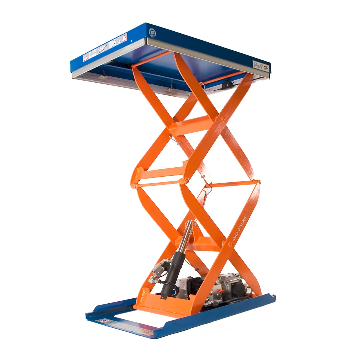 Orange scissor lift table with blue borders. The scissor arms lift a blue platform, while the base is blue.