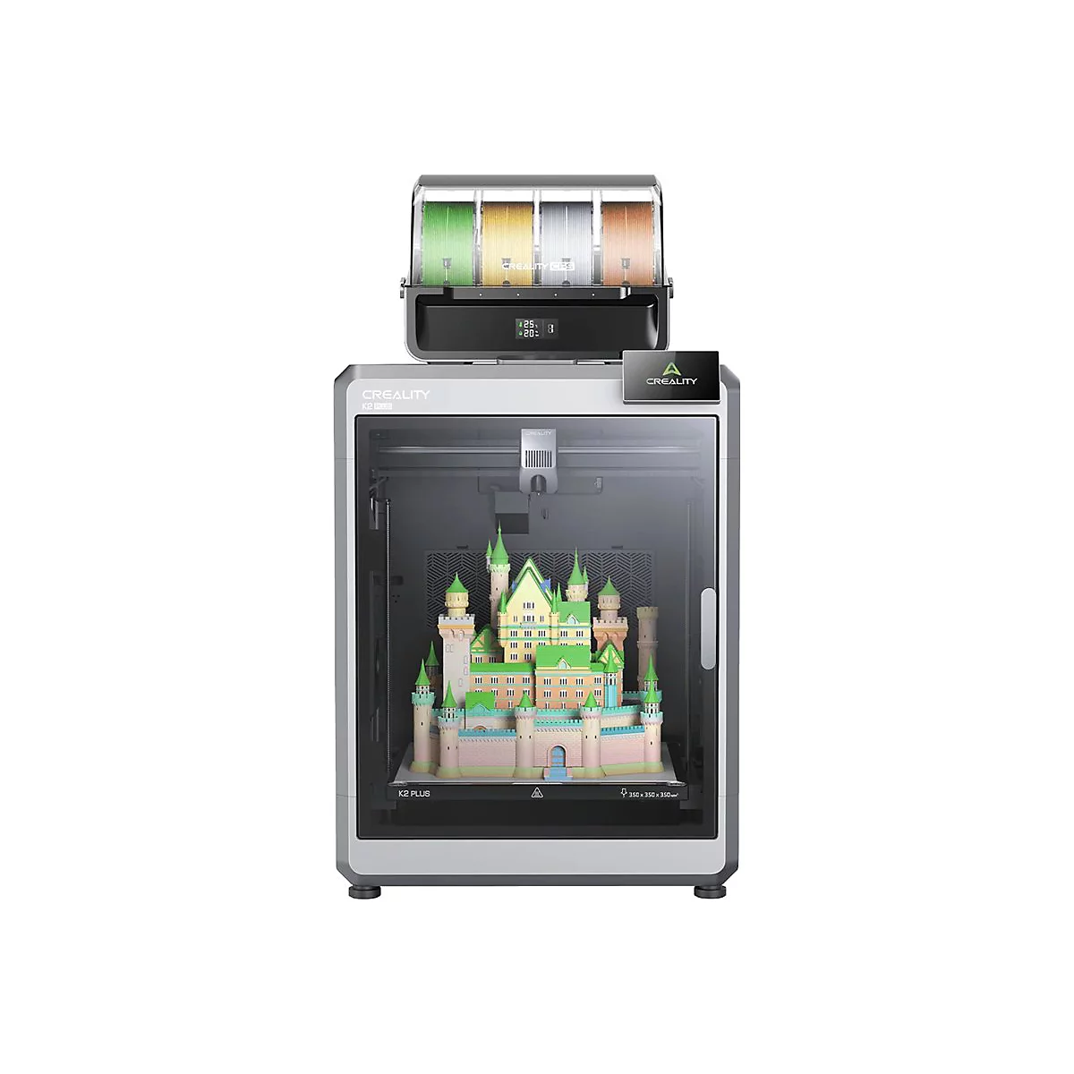 Creality K2 Plus 3D-Drucker mit Filament-System oben und einem darin gedruckten, mehrfarbigen Schloss.