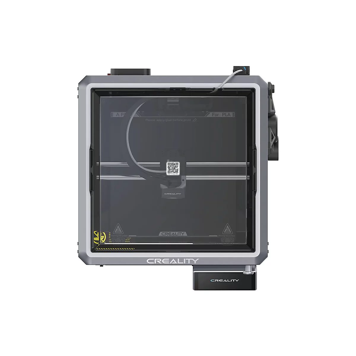 Draufsicht auf einen Creality 3D-Drucker mit transparentem Deckel und digitalem Display.