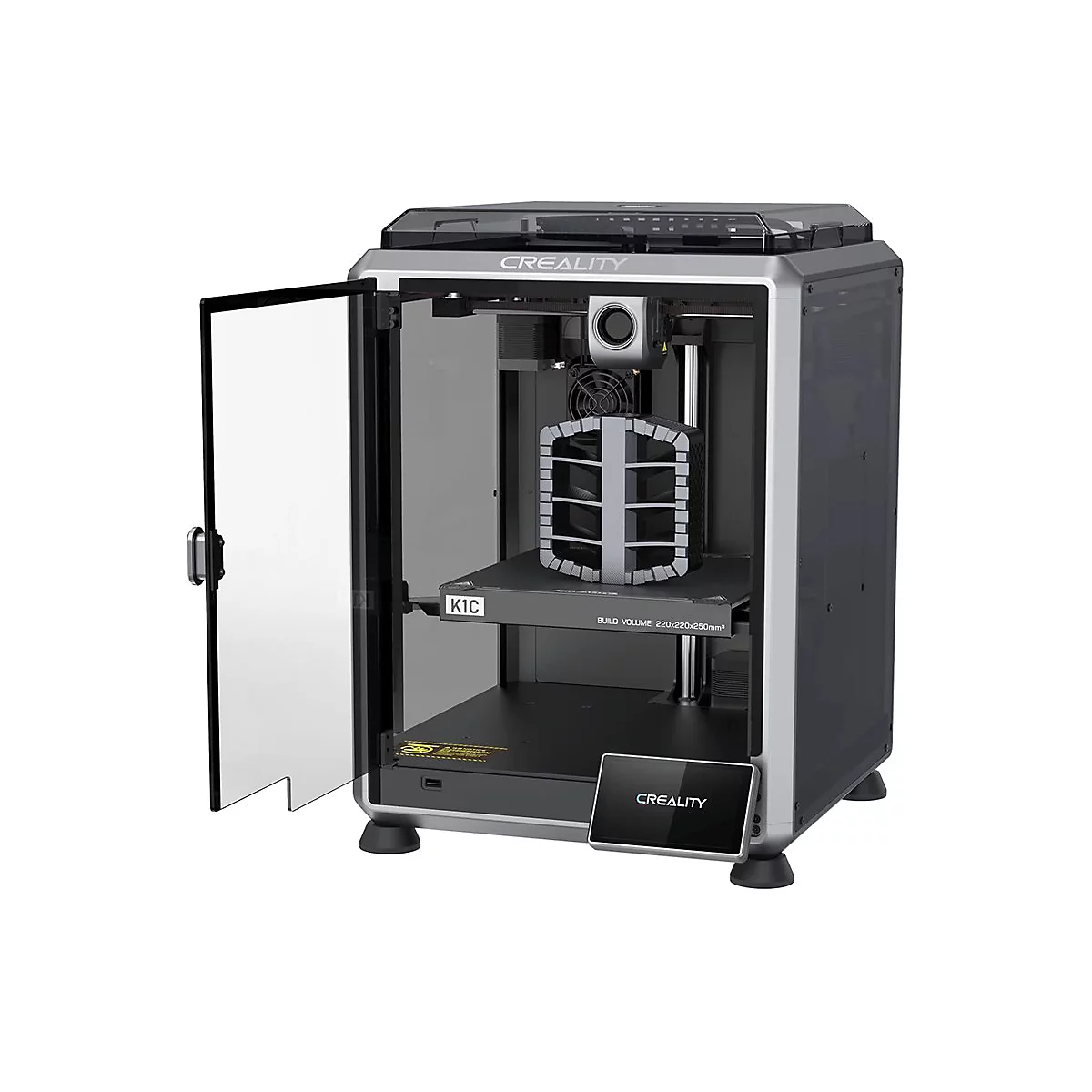Creality K1C 3D-Drucker mit offener Glastür und gedrucktem Objekt auf der Druckplatte.