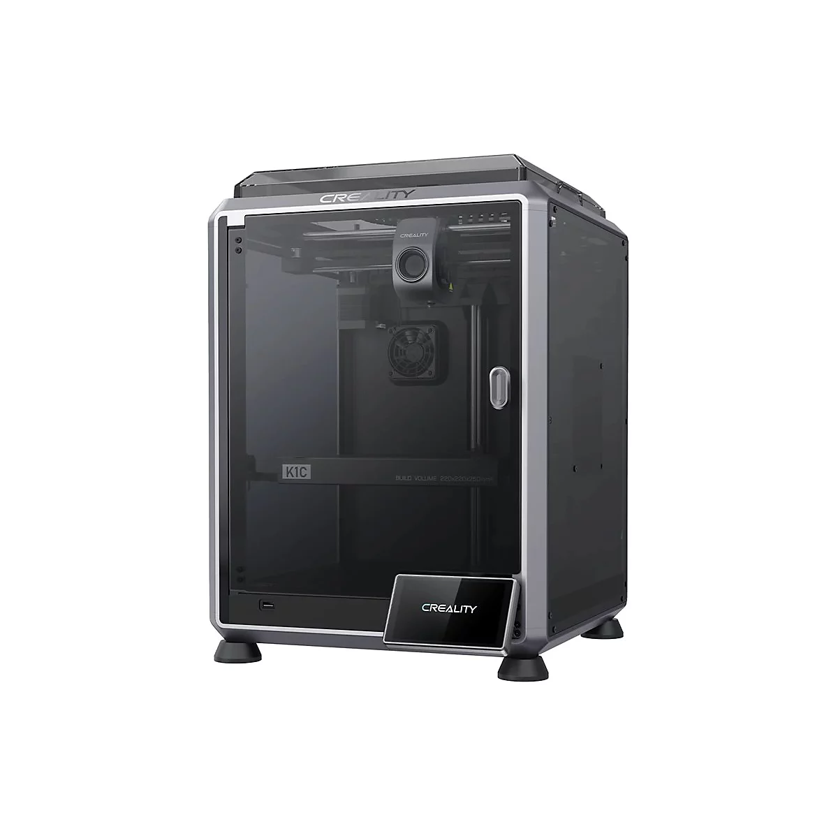 Creality K1C 3D-Drucker in geschlossenem, silbernem Gehäuse mit Glastür auf weißem Hintergrund.