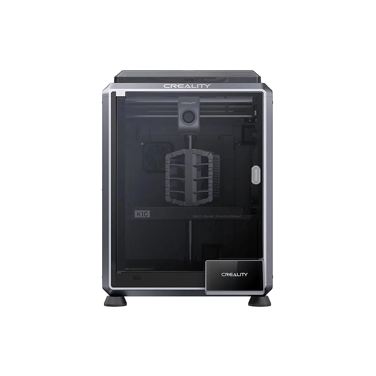Der Creality K1C 3D-Drucker von vorne. Ein graues, geschlossenes Gehäuse mit einer transparenten Fronttür.