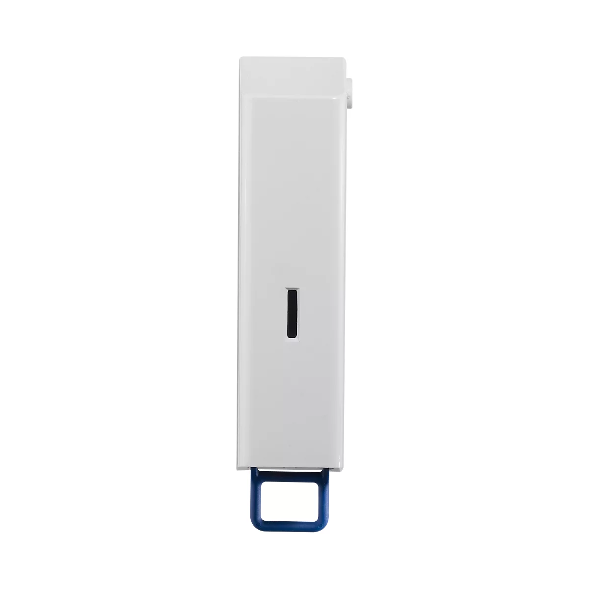 White soap dispenser with blue handle. A black rectangle is in the middle.