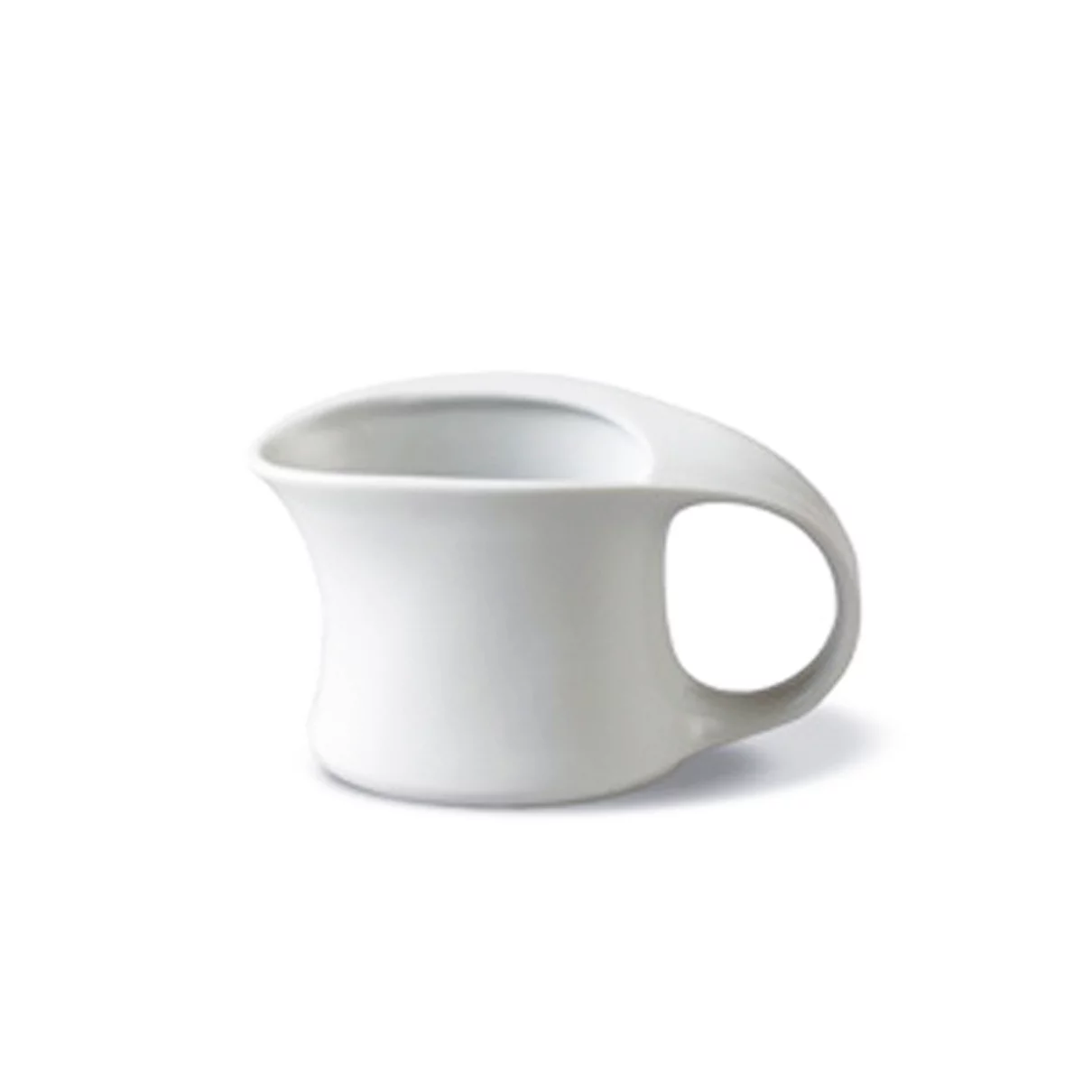 White, minimalist mug with a curved handle, on a white background.