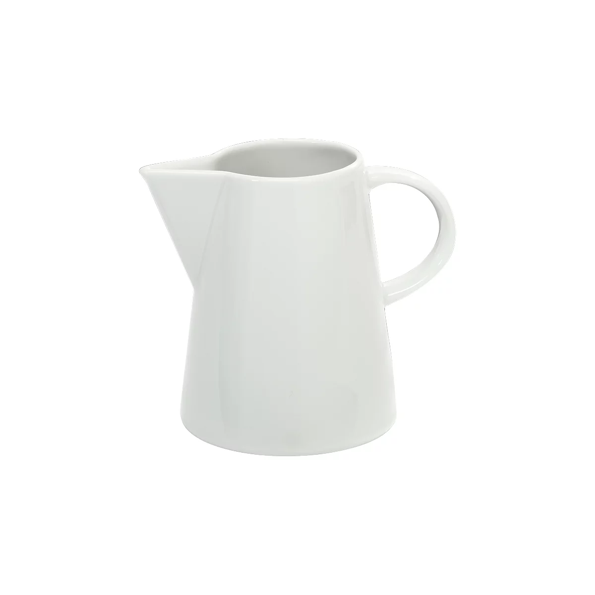 White ceramic jug with a spout and a handle. The design is minimalistic.