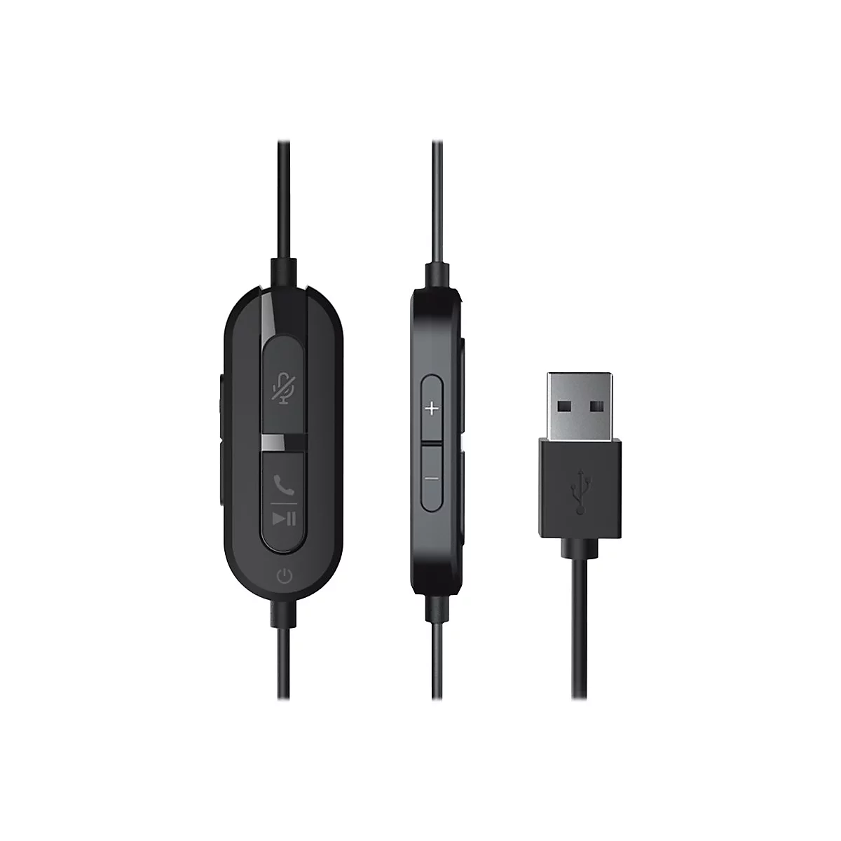 Schwarze Kabelfernbedienung mit Tasten für Mikrofon, Lautstärke und Wiedergabe sowie ein USB-A-Anschluss.