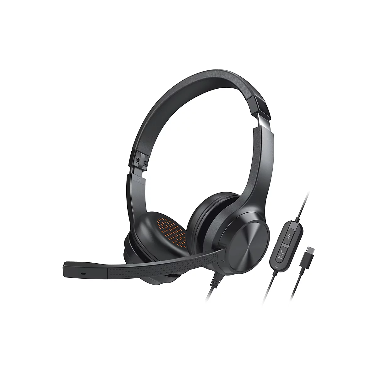 Schwarzes On-Ear-Headset mit ausklappbarem Mikrofonarm, Kabelfernbedienung und USB-C-Anschluss vor weißem Hintergrund.