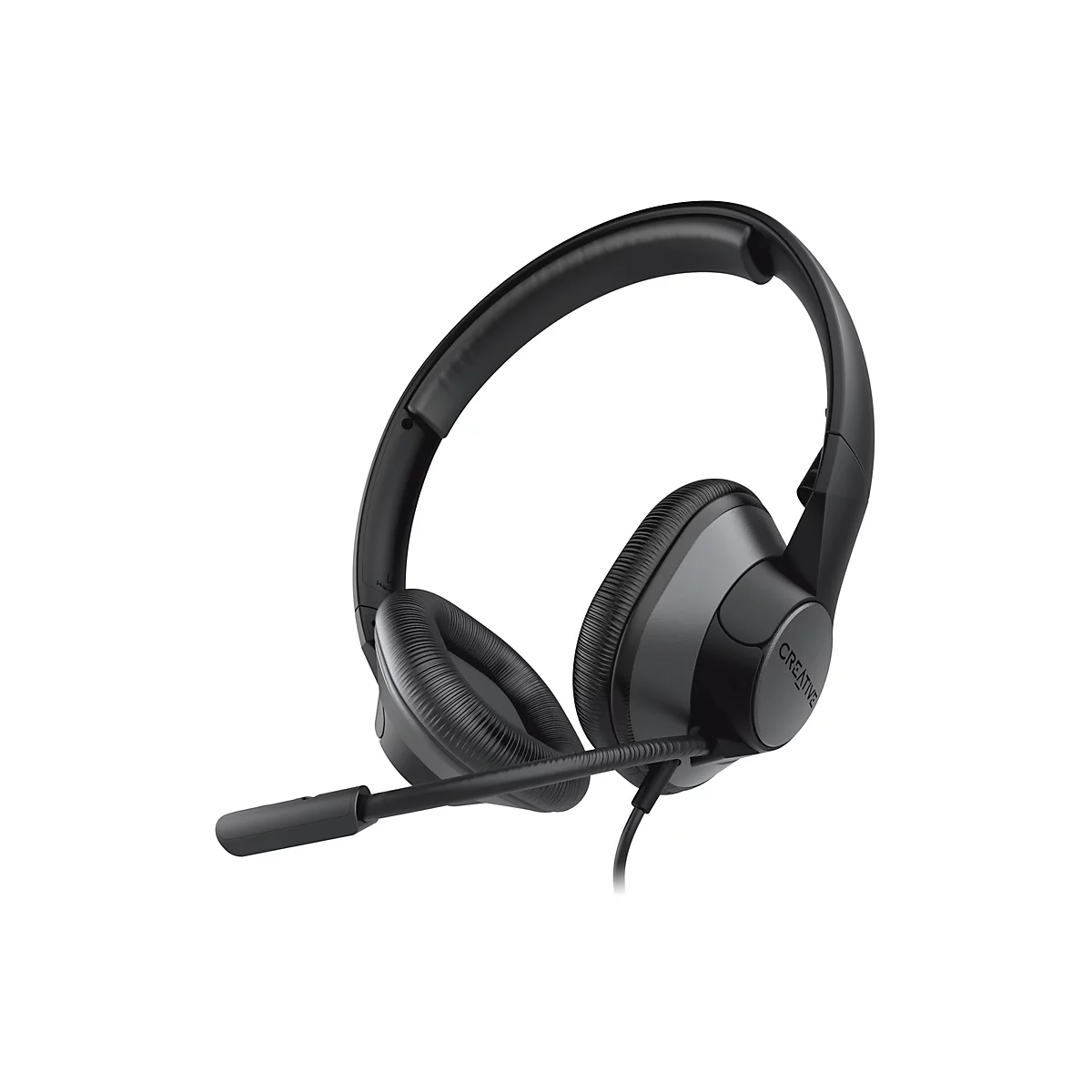 Schwarzes Creative On-Ear-Headset mit Kopfbügel, weichen Ohrpolstern und schwenkbarem Mikrofonarm auf weißem Grund.