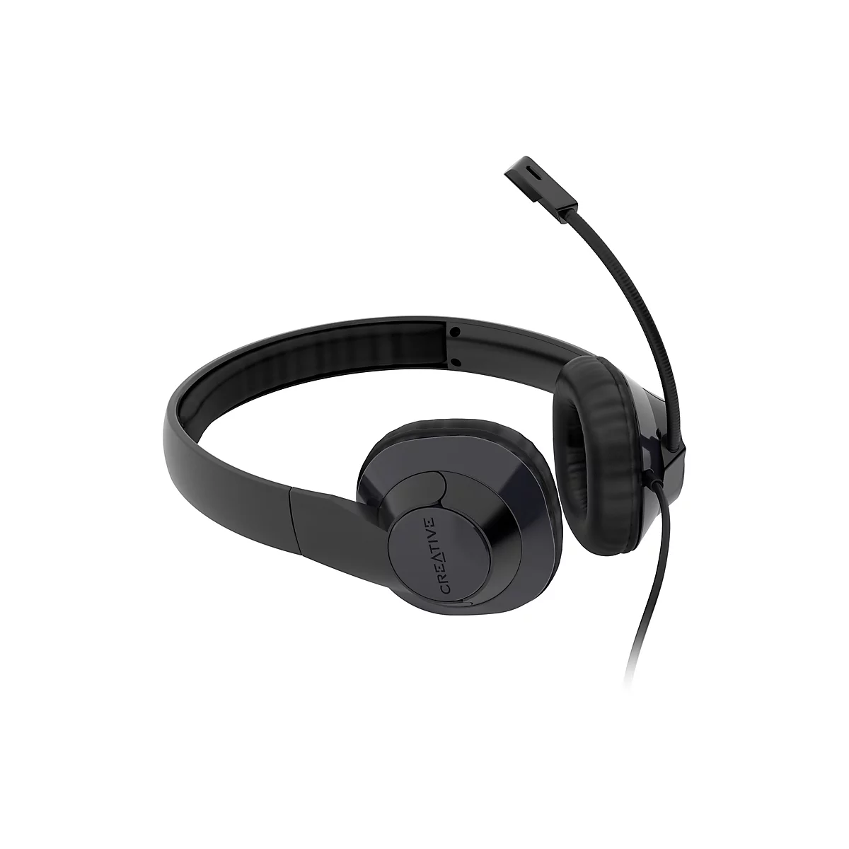 Schwarzes Creative On-Ear-Headset mit verstellbarem Mikrofonarm und Kabel vor weißem Hintergrund.