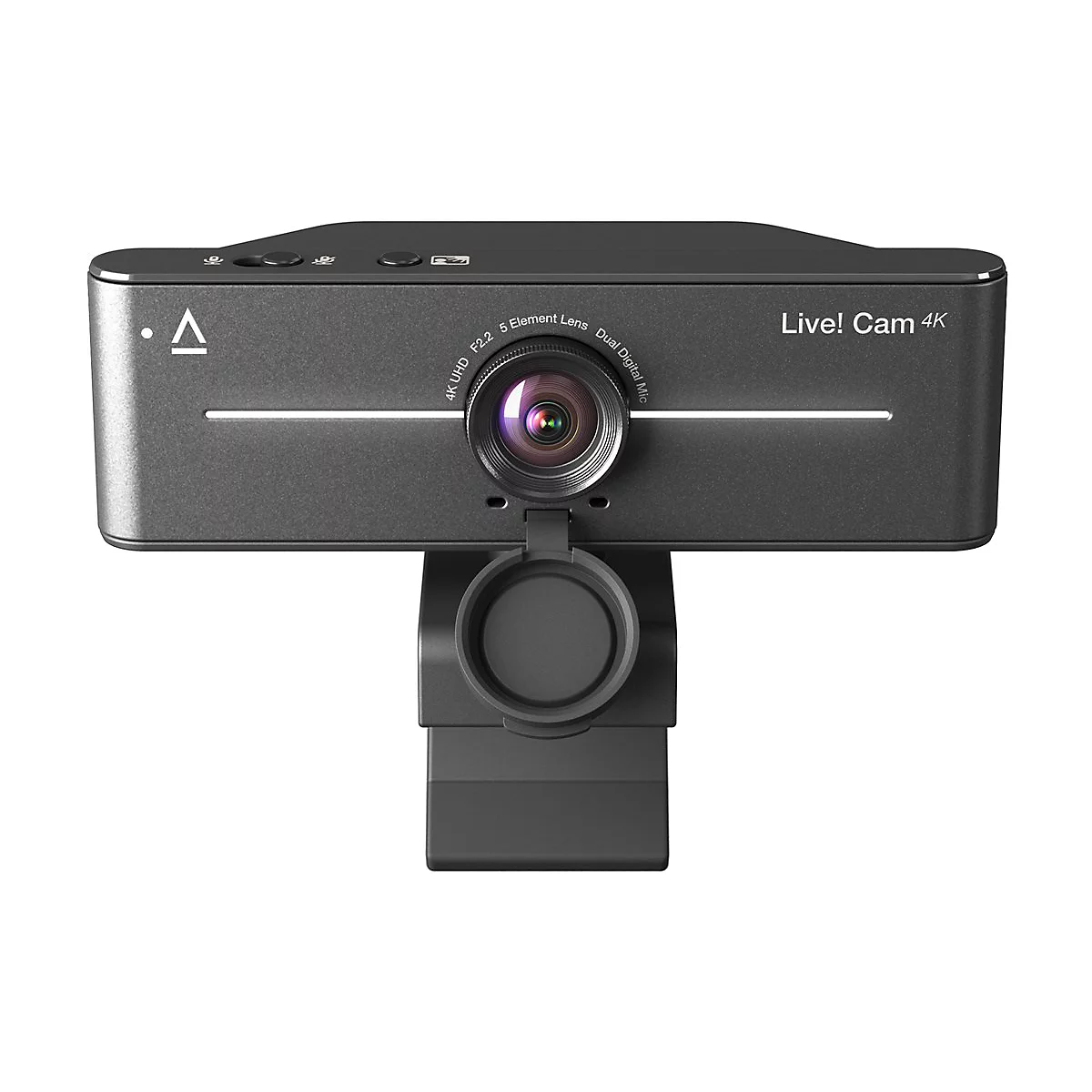 Eine dunkelgraue 4K-Webcam mit zentralem Objektiv, integrierter Objektivabdeckung und dem Schriftzug Live! Cam 4K.