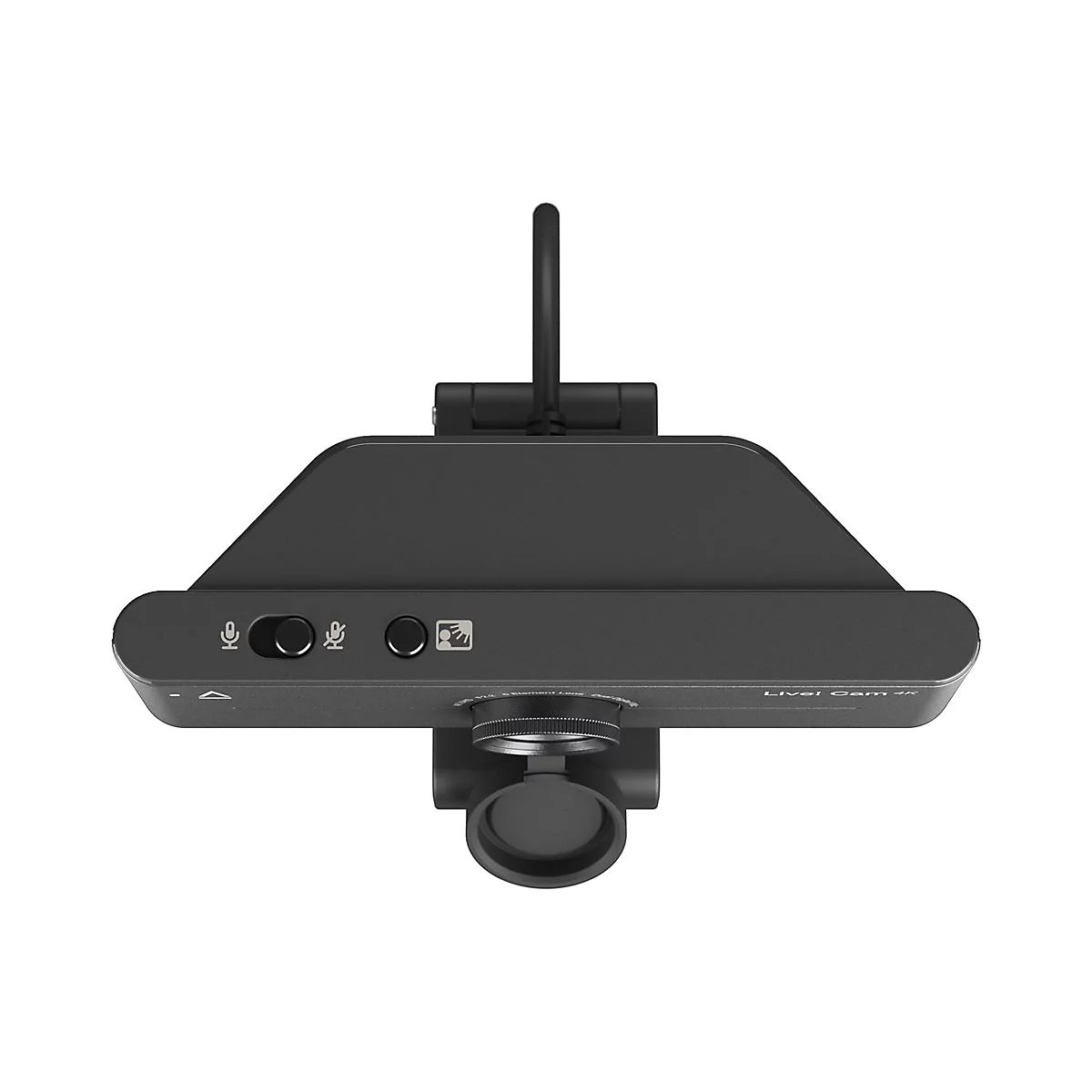 Draufsicht einer schwarzen 4K-Webcam mit Schieberegler für das Mikrofon und einem runden Einstellungsschalter.